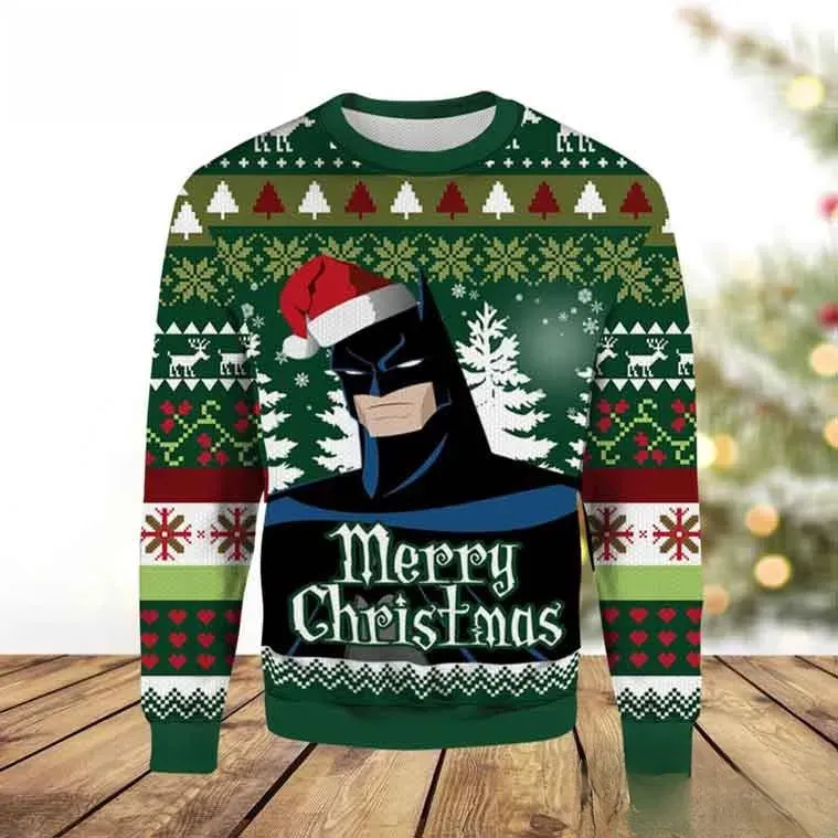 Santa Batman Merry Christmas Ugly Christmas Sweater, DC Comics Dark Knight Holiday Sweater, Green Xmas Sweatshirt for Batman Fans