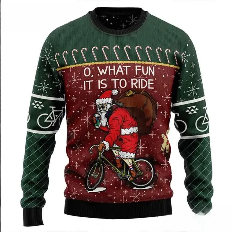 Santa Cycling Ugly Christmas Sweater, O What Fun It Is to Ride Bicycle Holiday Sweater, Green Red Xmas Sweatshirt for Cyclists