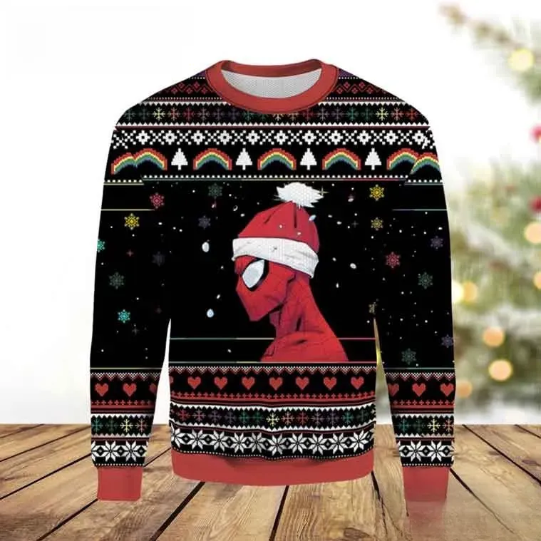 Santa Spider-Man Ugly Christmas Sweater, Marvel Spider Man in Santa Hat Holiday Sweater, Black Xmas Sweatshirt for Superhero Fans