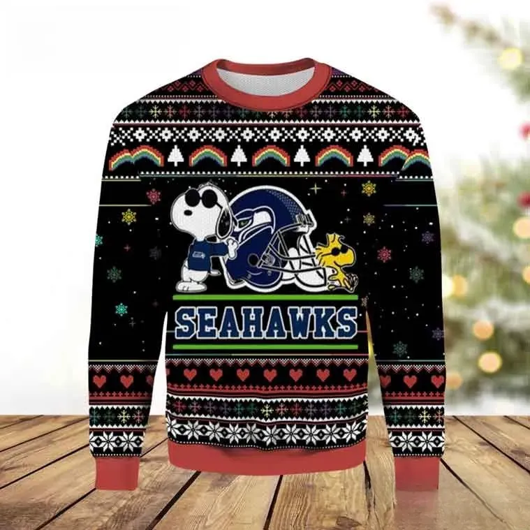 Seattle Seahawks Snoopy Ugly Christmas Sweater, Joe Cool Peanuts Football Holiday Sweater, Black Xmas Sweatshirt for Seahawks Fans