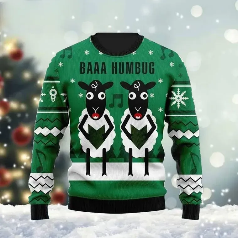 Sheep Baaa Humbug Ugly Sweater, Funny Singing Sheep Christmas Sweater, Green Xmas Sweatshirt, Farm Animal Lover Holiday Sweater