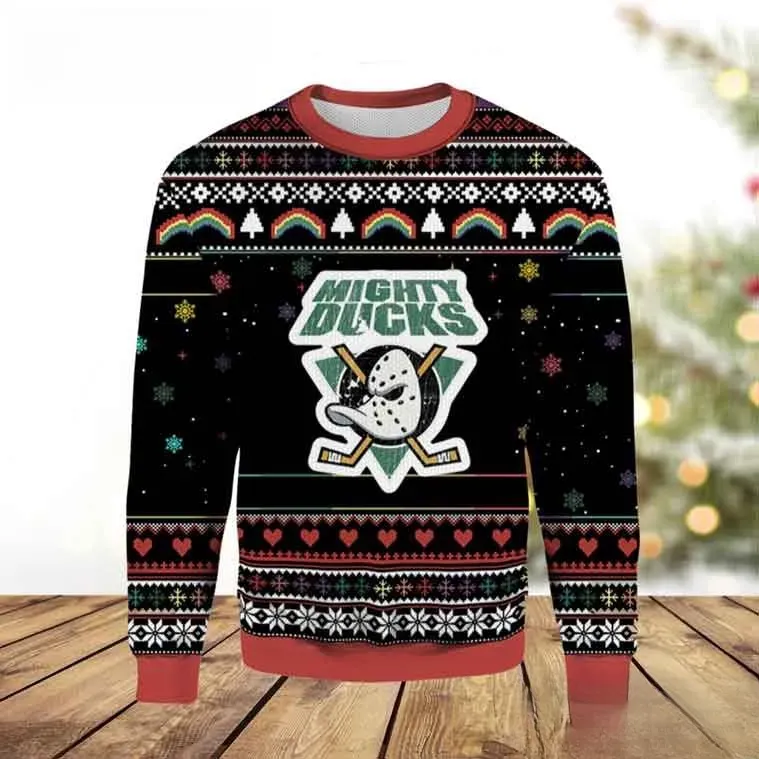 Mighty Ducks Anaheim Ducks Ugly Christmas Sweater, Retro Hockey Mask Logo Holiday Sweater, Black Xmas Sweatshirt for Ducks Fans