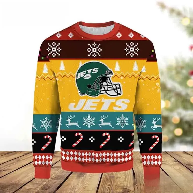 New York Jets Ugly Christmas Sweater, NFL Jets Helmet Football Holiday Sweater, Yellow Retro Striped Xmas Sweatshirt for NY Fans