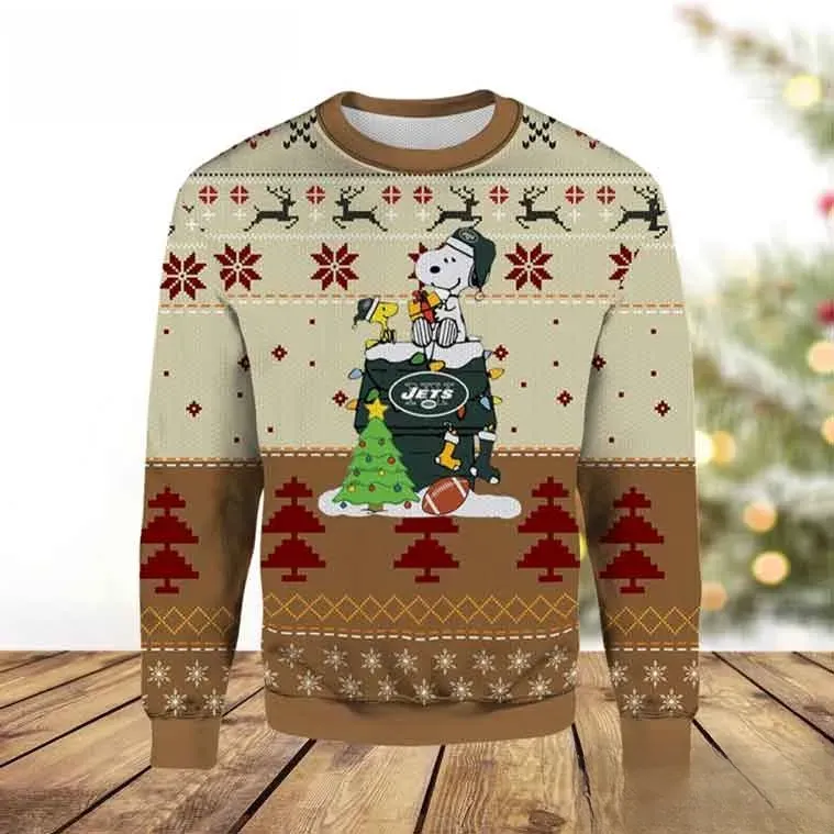 New York Jets Football Snoopy Christmas Ugly Sweater, Peanuts Woodstock Holiday Sweater, Cream Brown Xmas Sweatshirt for Jets Fans