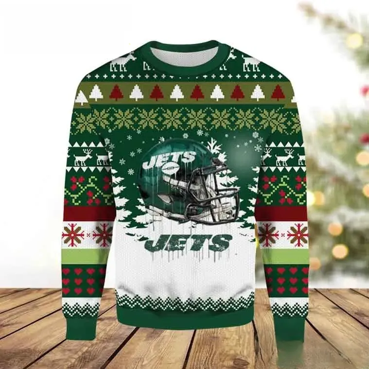 NFL New York Jets Helmet Ugly Christmas Sweater, Jets Football Holiday Sweater, Green White Xmas Sweatshirt for Gang Green Fans