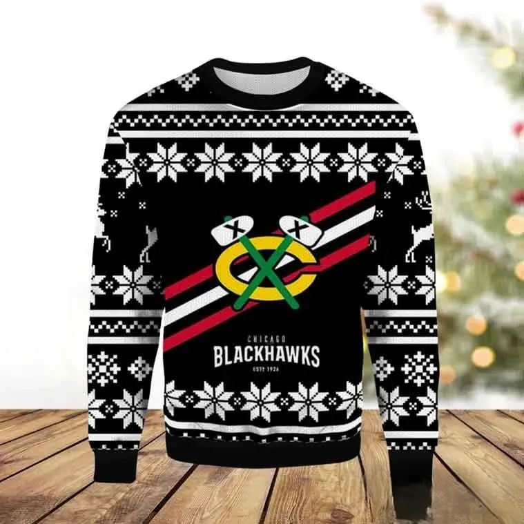 NHL Chicago Blackhawks EST 1926 Ugly Christmas Sweater, Blackhawks Hockey Holiday Sweater, Black White Xmas Sweatshirt for Chicago Fans