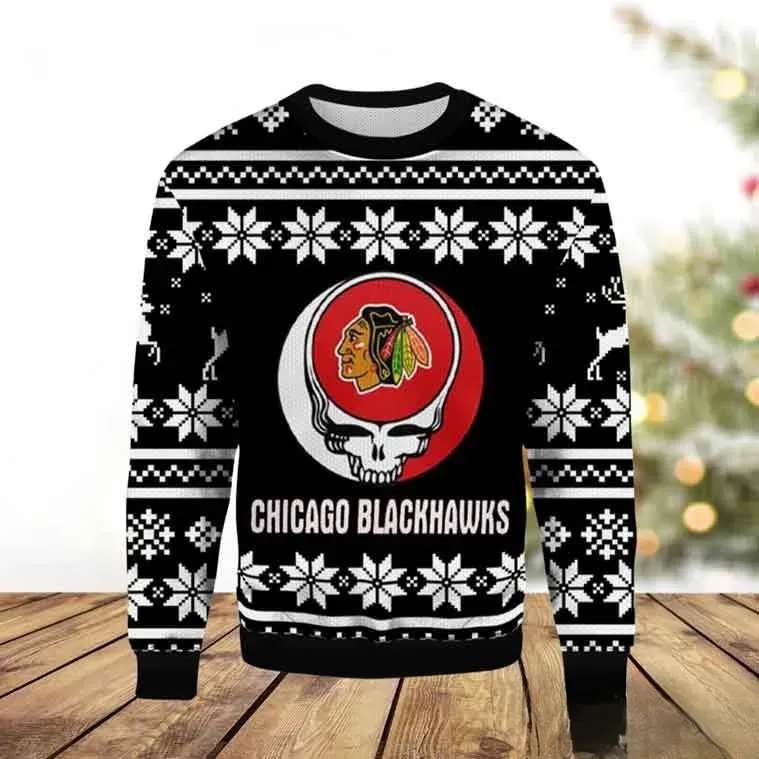 NHL Chicago Blackhawks Grateful Dead Ugly Sweater, Steal Your Face Hockey Christmas Sweater, Black White Xmas Sweatshirt for Deadheads