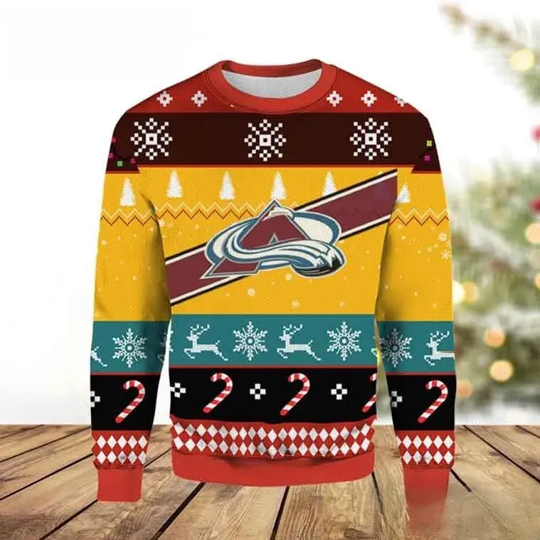 NHL Colorado Avalanche Ugly Christmas Sweater, Avalanche Hockey Holiday Sweater, Yellow Striped Xmas Sweatshirt for Colorado Fans