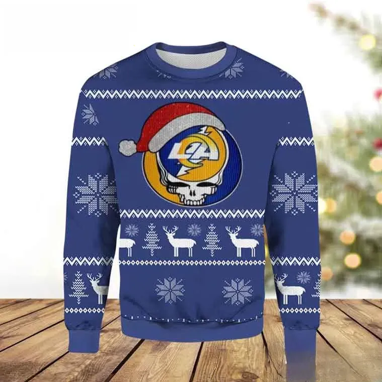 Los Angeles Rams Grateful Dead Ugly Christmas Sweater, Steal Your Face Football Holiday Sweater, Blue Xmas Sweatshirt for NFL Fans