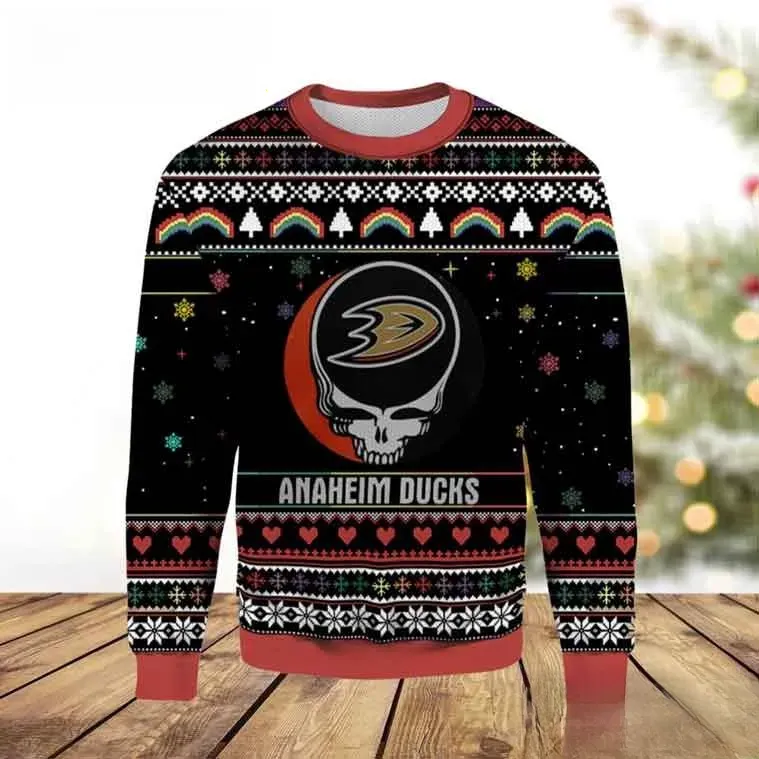 Anaheim Ducks Grateful Dead Christmas Ugly Sweater, Steal Your Face Hockey Holiday Sweater, Black Xmas Sweatshirt for Deadheads