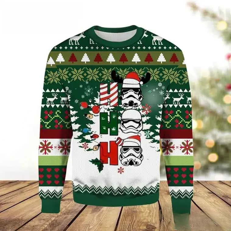 Star Wars Ho Ho Ho Christmas Light Ugly Sweater, Stormtrooper Helmets Holiday Sweater, Green White Xmas Sweatshirt for Star Wars Fans