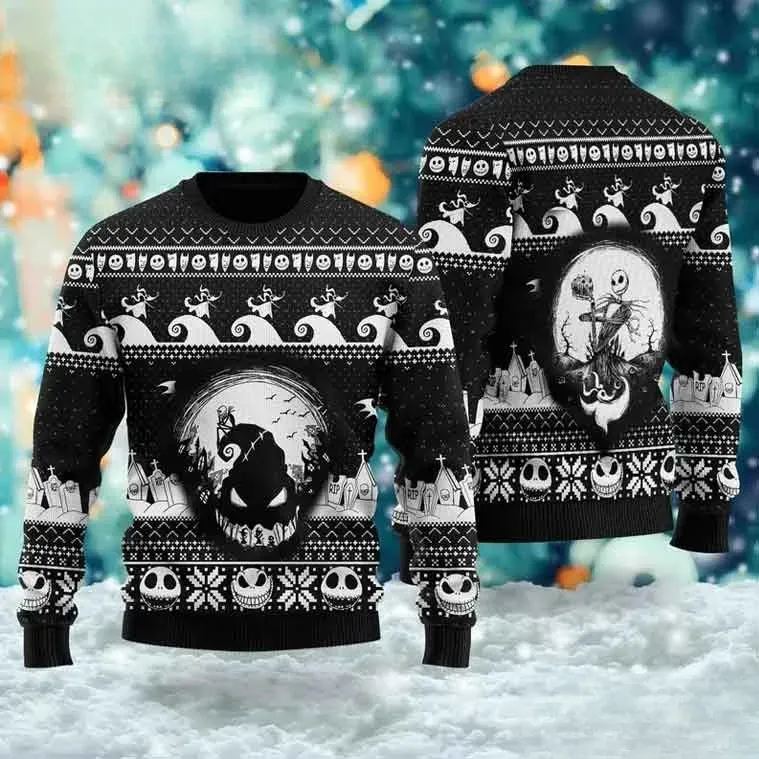 The Nightmare Before Christmas Ugly Christmas Sweater, Jack Skellington Oogie Boogie Holiday Sweater, Black White Spooky Xmas Sweatshirt