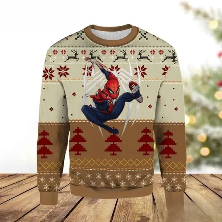 Spider-Man Ugly Christmas Sweater, Marvel Superhero Holiday Sweater, Cream Brown Nordic Xmas Sweatshirt for Spider Man Fans