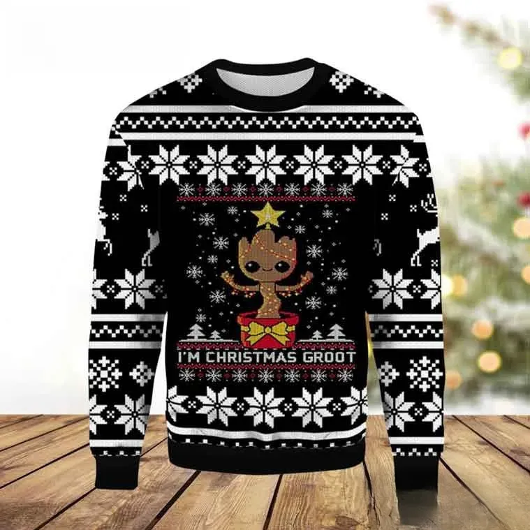 I'm Christmas Groot Marvel Ugly Christmas Sweater, Baby Groot Guardians Of The Galaxy Holiday Sweater, Black White Xmas Sweatshirt