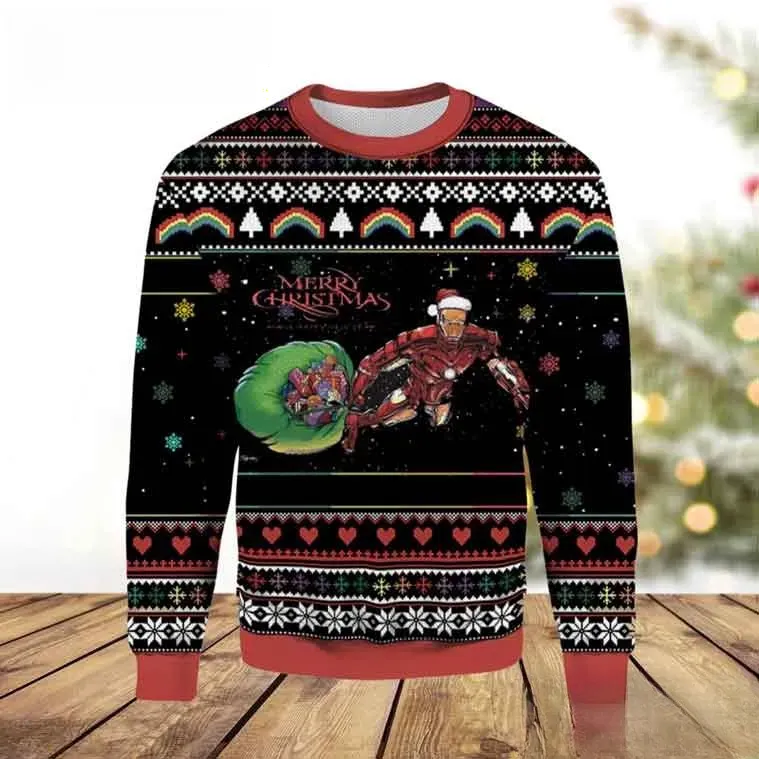 Iron Man Santa Merry Christmas Ugly Sweater, Marvel Avengers Superhero Holiday Sweater, Black Xmas Sweatshirt for Comic Book Fans