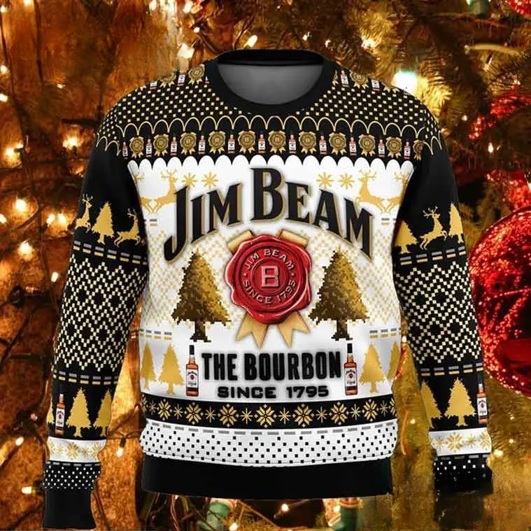 Jim Beam The Bourbon Since 1795 Ugly Christmas Sweater, Whiskey Lover Holiday Party Sweater, Black Gold Xmas Sweatshirt, Funny Drinking