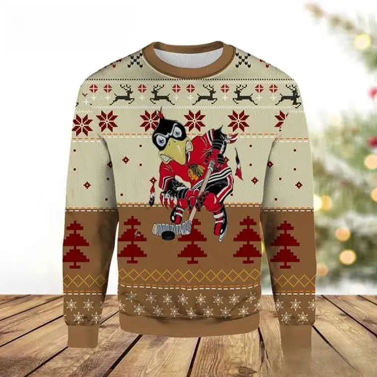 Chicago Blackhawks Mascot Tommy Hawk Ugly Christmas Sweater, NHL Hockey Holiday Sweater, Beige Brown Xmas Sweatshirt for Fans