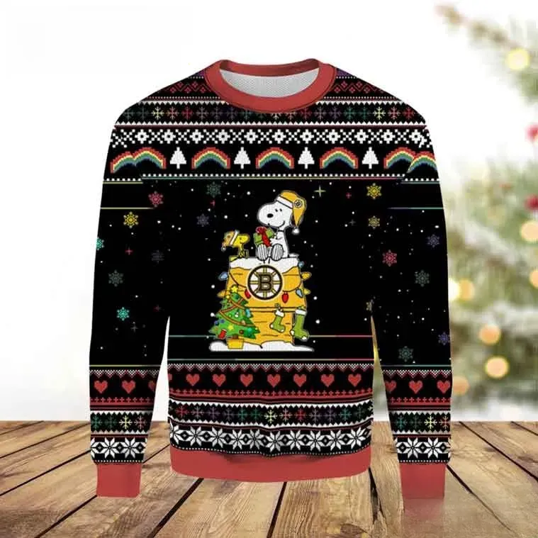 Boston Bruins Snoopy And Woodstock Ugly Christmas Sweater, Peanuts Hockey Holiday Sweater, Black Xmas Sweatshirt for Bruins Fans