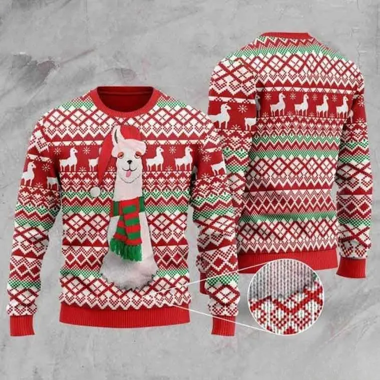 Llama Wearing Scarf And Santa Hat Ugly Christmas Sweater, Cute Animal Holiday Sweater, Red Nordic Xmas Sweatshirt for Llama Lovers
