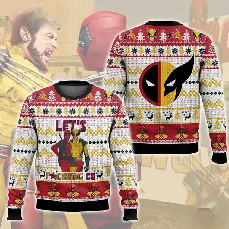 Deadpool Wolverine Let's Fucking Go Ugly Christmas Sweater, Funny Marvel Antiheroes Holiday Sweater, Red Gold Xmas Sweatshirt
