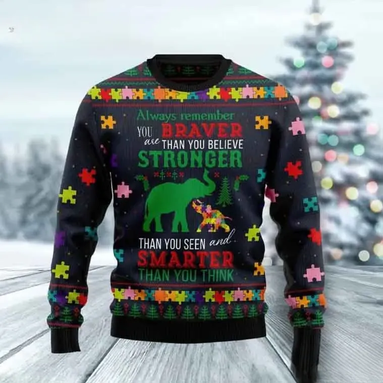 Elephant Autism Awareness Ugly Christmas Sweater, You Are Braver Than You Believe Holiday Sweater, Puzzle Piece Xmas Sweatshirt
