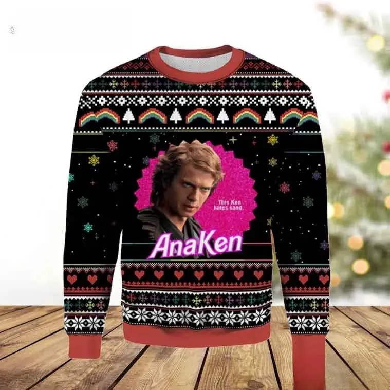 Funny AnaKen Anakin Skywalker Star Wars Ugly Christmas Sweater, This Ken Hates Sand Parody Holiday Sweater, Pink Xmas Sweatshirt