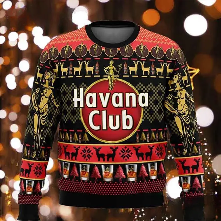 Havana Club Ugly Christmas Sweater, Cuban Rum Lover Holiday Sweater, Funny Drinking Xmas Sweatshirt, Christmas Party Outfit For Cocktail Fans