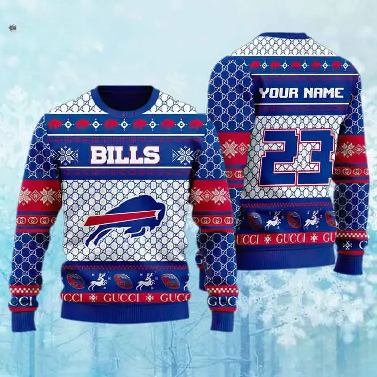 Buffalo Bills Custom Name Ugly Christmas Sweater, Personalized Name And Number Football Holiday Sweater, Blue Red Xmas Jumper For Bills Fans