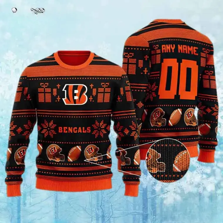 NFL Cincinnati Bengals Custom Name Ugly Christmas Sweater, Personalized Bengals Football Holiday Sweater, Unisex Xmas Sweatshirt