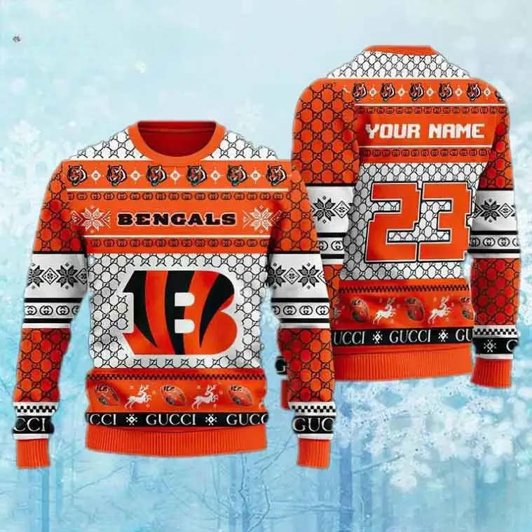 Cincinnati Bengals Custom Ugly Christmas Sweater, Personalized Name And Number Football Holiday Sweater, Orange White Monogram Xmas Jumper