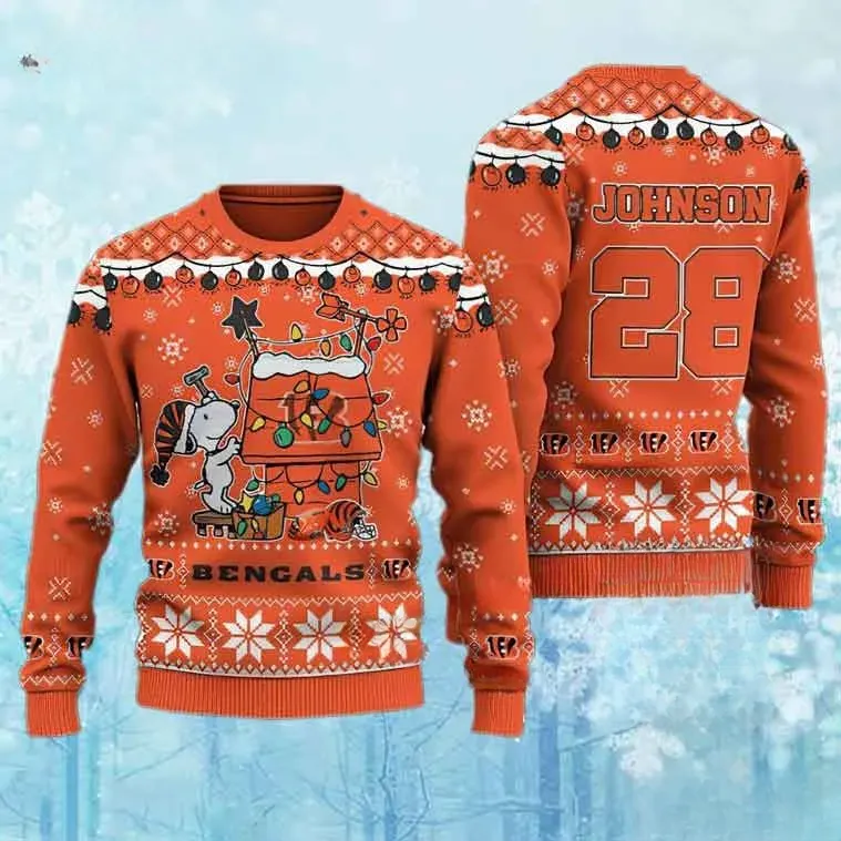 Cincinnati Bengals Custom Snoopy Ugly Christmas Sweater, Personalized Name Number Peanuts Holiday Sweater, Football Xmas Jumper For Fans