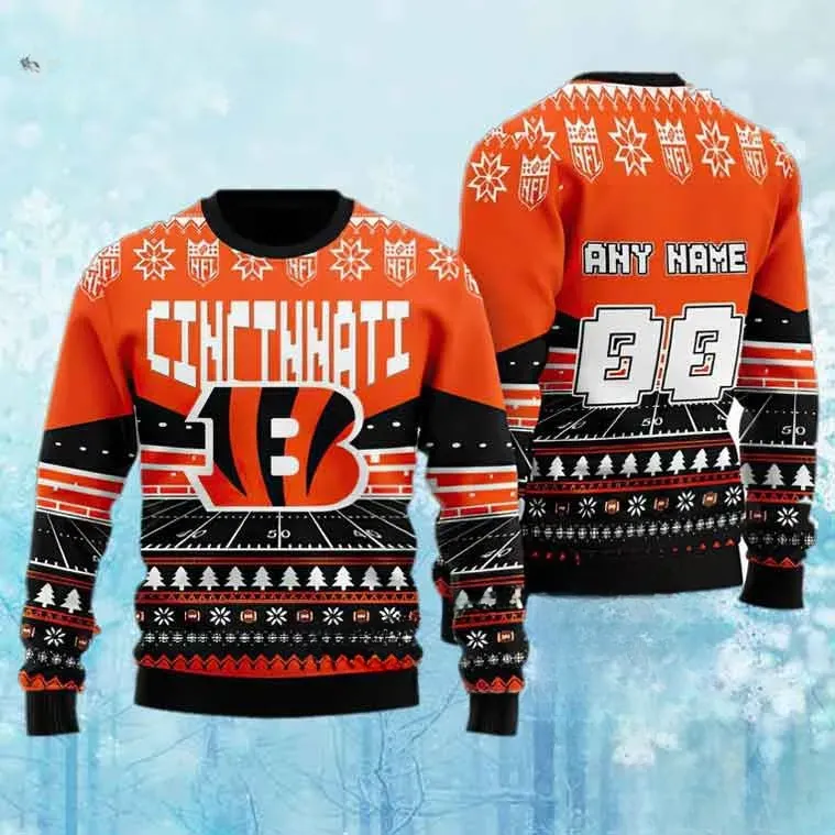 Cincinnati Bengals NFL Custom Ugly Christmas Sweater, Personalized Name And Number Football Holiday Sweater, Orange Xmas Jumper For Fans