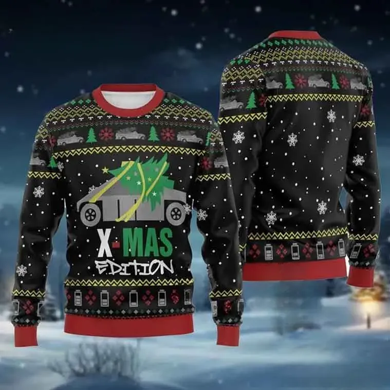 Cybertruck Xmas Edition Ugly Sweater, Electric Pickup Christmas Tree Holiday Sweater, Tesla Fan Christmas Sweatshirt for Car Lovers