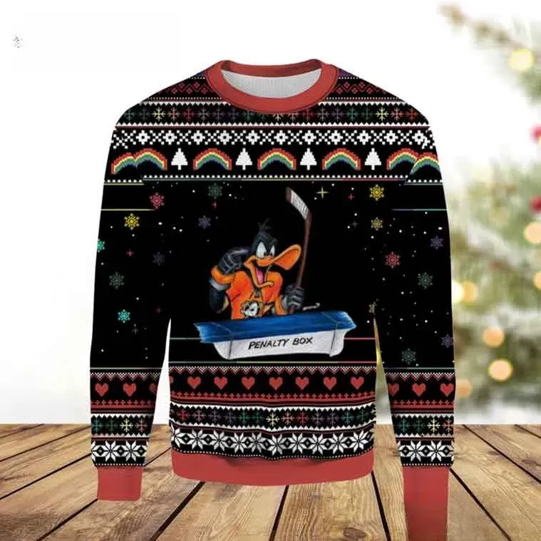 Anaheim Ducks Daffy Duck Ugly Christmas Sweater, Looney Tunes Penalty Box Hockey Holiday Sweater, Funny Ducks Fan Xmas Sweatshirt