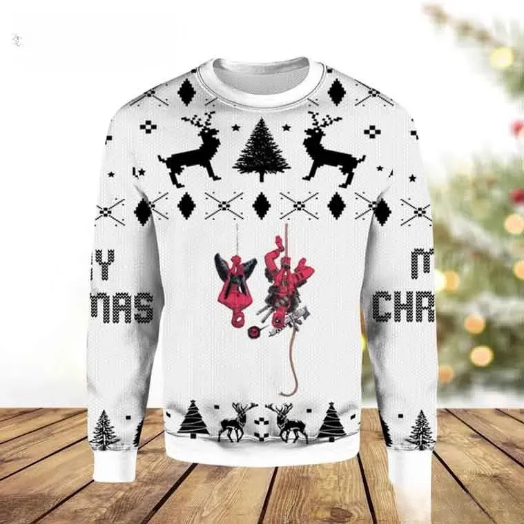 Deadpool And Spider-Man Upside Down Ugly Christmas Sweater, Marvel Heroes Holiday Sweater, White Merry Christmas Xmas Sweatshirt