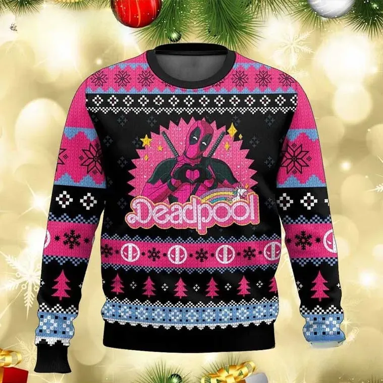Deadpool Pink Heart Hands So Cute Ugly Christmas Sweater, Funny Marvel Antihero Holiday Sweater, Comic Fan Xmas Sweatshirt