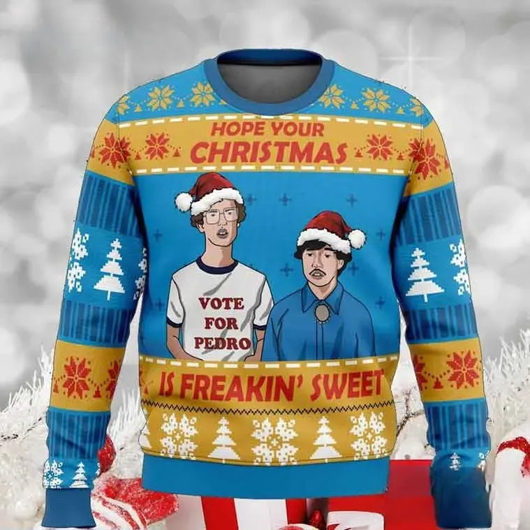 Vote For Pedro Napoleon Dynamite Ugly Christmas Sweater, Funny Movie Holiday Sweater, Unisex All Over Print Xmas Sweatshirt for Fans