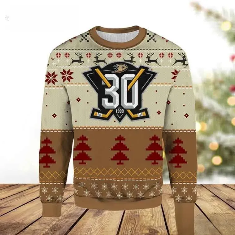 Anaheim Ducks Logo Ugly Christmas Sweater, 30th Anniversary Since 1993 Ice Hockey Holiday Sweater, Unisex All Over Print Xmas Sweatshirt