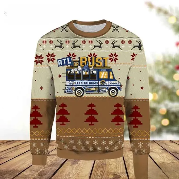 ATL Or Bust Let's Go LA Rams Ugly Christmas Sweater, Los Angeles Rams Fan Bus Football Holiday Sweater, Gameday Xmas Sweatshirt