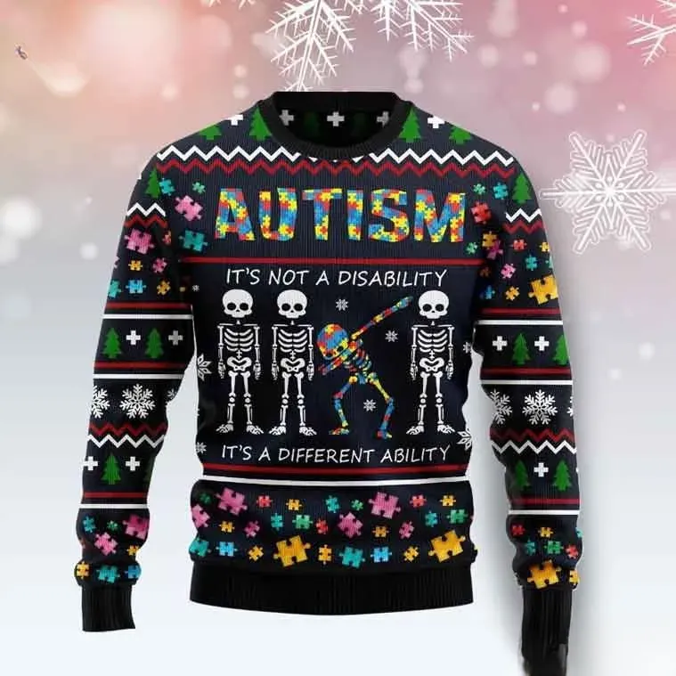 Autism Is A Different Ability Ugly Christmas Sweater, Dabbing Skeleton Autism Awareness Holiday Sweater, Puzzle Piece Xmas Sweatshirt, Unisex