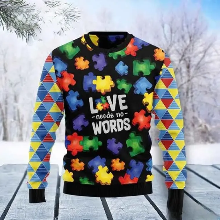 Autism Love Needs No Words Ugly Christmas Sweater, Neurodiversity Puzzle Piece Holiday Sweater, Autism Awareness Xmas Sweatshirt for Family