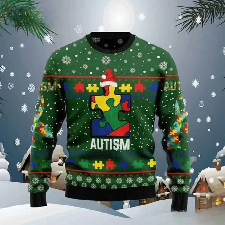 Autism Awareness Puzzle Piece Santa Hat Ugly Christmas Sweater, Green Holiday Sweater, Acceptance Xmas Sweatshirt for Families