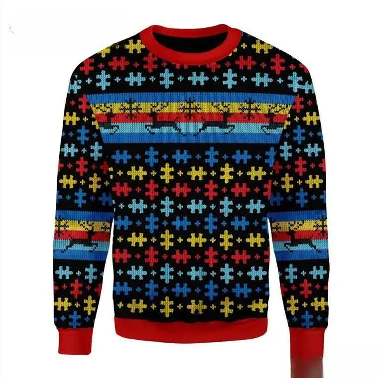 Autism Puzzle Pieces Ugly Christmas Sweater, Autism Awareness Holiday Sweater, Colorful Puzzle Piece Reindeer Xmas Sweatshirt, Unisex