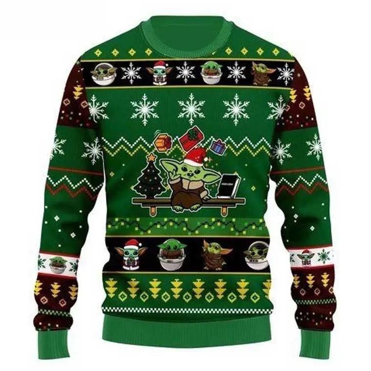 Cute Baby Yoda Grogu Star Wars Ugly Christmas Sweater, Mandalorian Holiday Sweater, Green Xmas Knit Sweatshirt, Unisex All Over Print