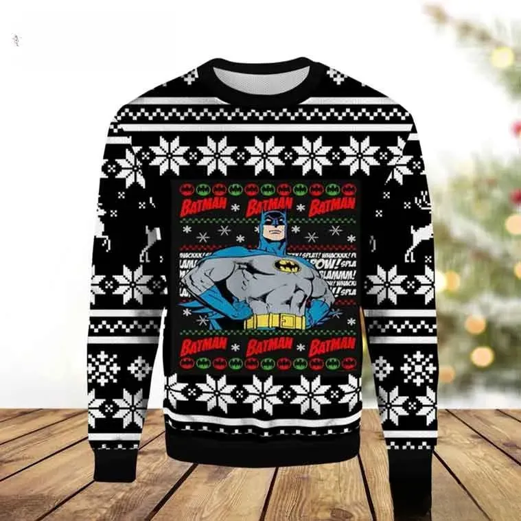 Batman Retro Comic Wham Pow Ugly Christmas Sweater, DC Comics Superhero Holiday Sweater, Unisex Xmas Sweatshirt for Batman Fans