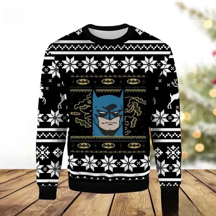Batman Masked Hero Ugly Christmas Sweater, Dark Knight Cowl DC Comics Superhero Holiday Sweater, Gotham Fan Unisex All Over Print Xmas Sweater