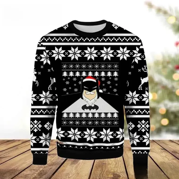 Black Batman Santa Hat Christmas Ugly Sweater, Dark Knight DC Comics Superhero Holiday Sweater, Gotham Fan Unisex All Over Print Xmas Sweater