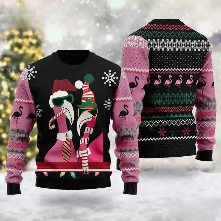 Candy Cane Flamingo Ugly Christmas Sweater, Funny Pink Flamingo Santa Hat Holiday Sweater, Tropical Xmas Sweater for Flamingo Lovers