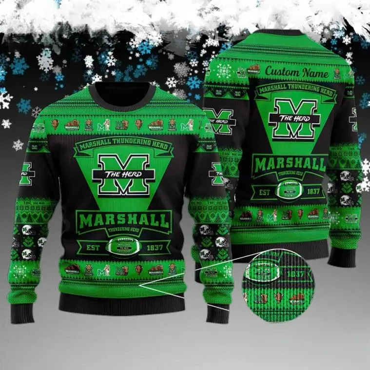 Marshall Thundering Herd Football Custom Ugly Christmas Sweater, Personalized Name Green and Black Holiday Sweater, Herd Fan Xmas Sweater