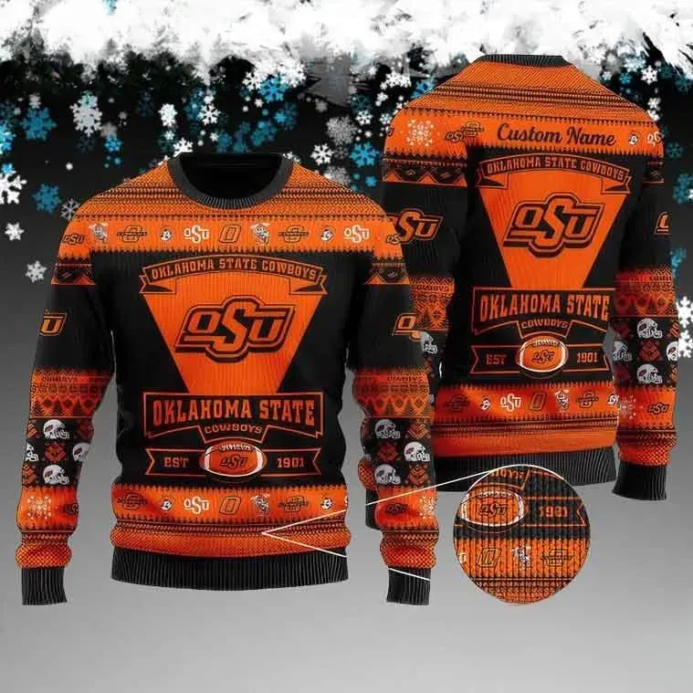 Oklahoma State Cowboys OSU Football Custom Ugly Christmas Sweater, Personalized Name College Holiday Sweater, Xmas Sweater for Him or Her